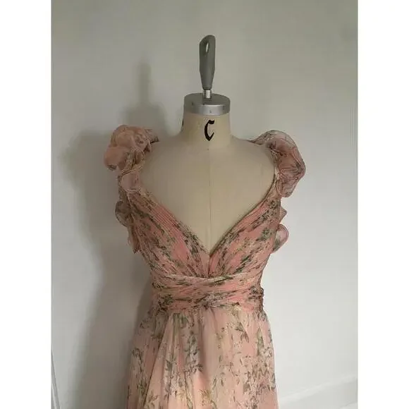 Mac Duggal - Women’s Tiered Pink Floral Chiffon Gown, cutout back, size 10 - Picture 5 of 13